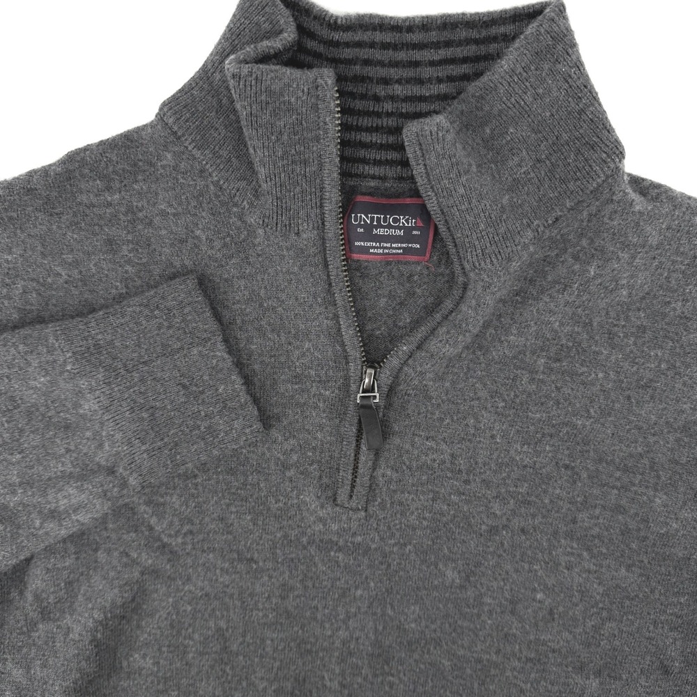 UNTUCKit Belguardo Quarter‎ Zip Sweater Mens Medium Dark Grey Merino Wool 31811